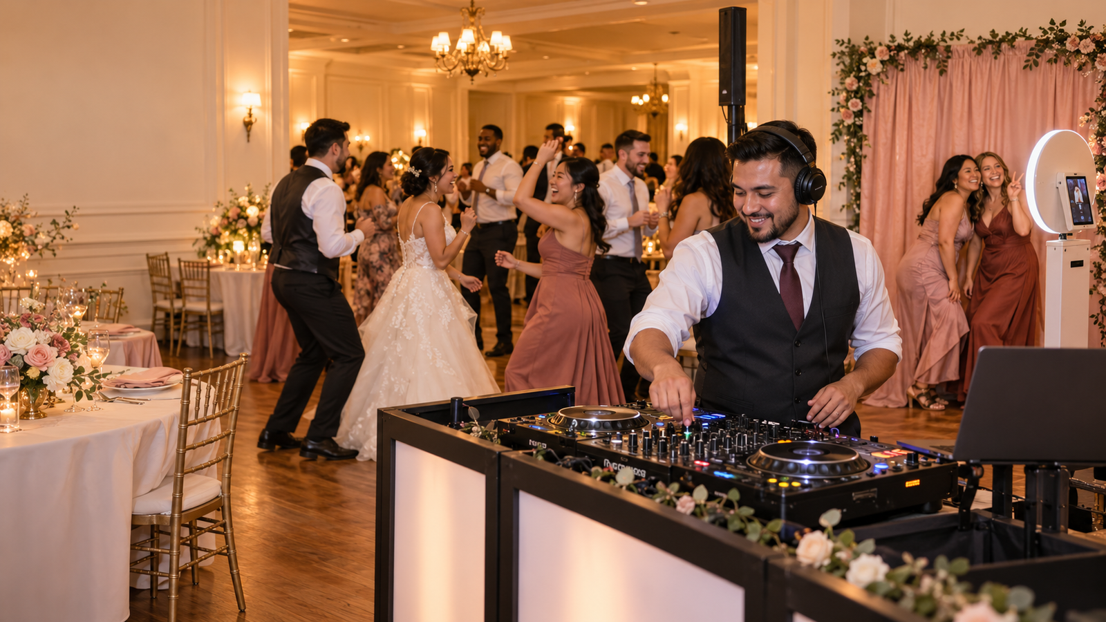 Wedding reception scene with a DJ, guests dancing, and guests posing at a photo booth